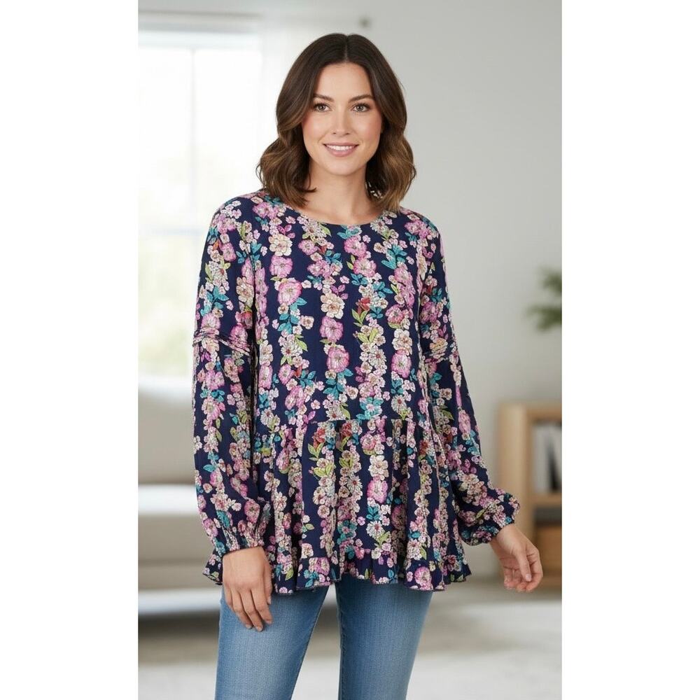 Neiman Marcus Floral Peplum Blouse Long Sleeve Navy L